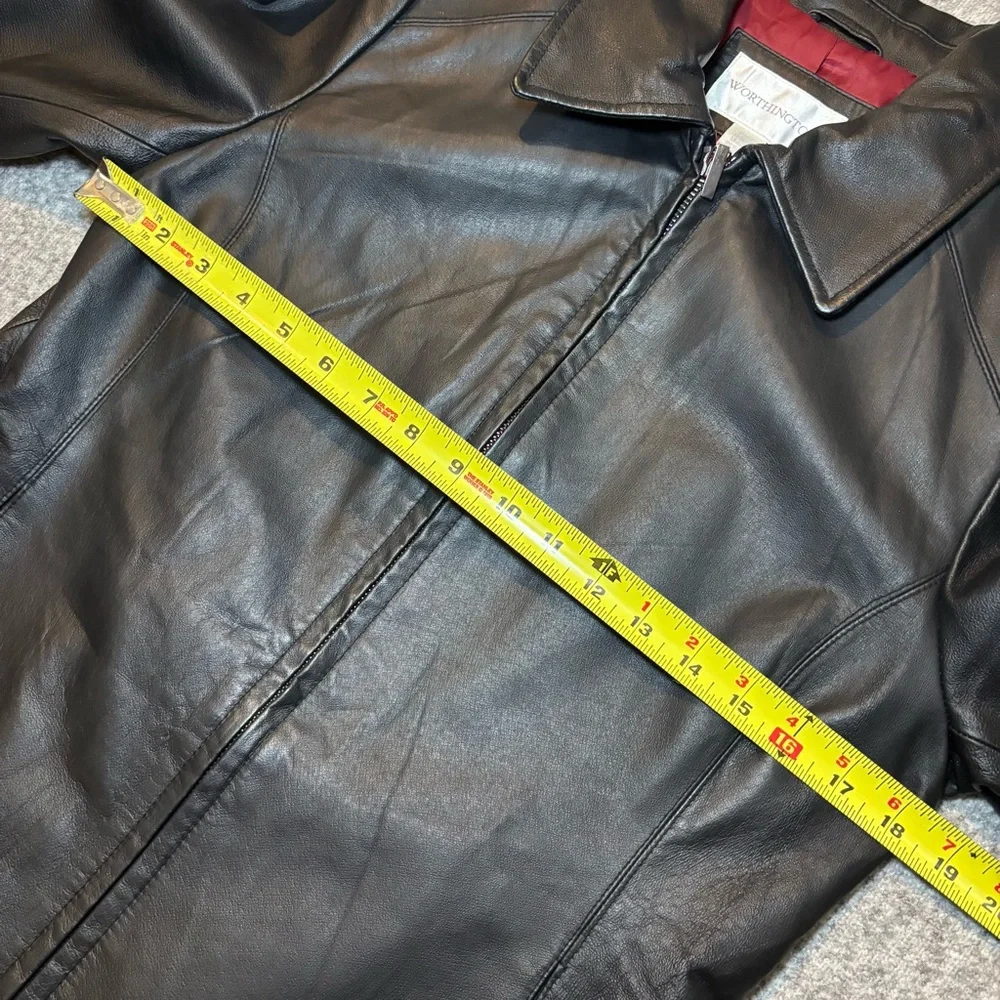 Worthington Women’s Black Genuine Leather Zip Jacket Red Lining Petite Medium